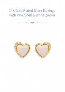 Macro detail of S925 silver 14K gold plated heart earrings with pink shell and zircons
