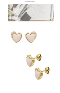 Detail view of 14K gold-plated S925 silver heart earrings with pink shell and zircons