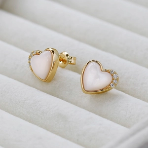 14K gold plated S925 silver heart stud earrings with pink shell and white zircon