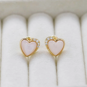 Elegant S925 silver 14K gold heart stud earrings with pink shell and white zircon accents
