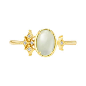 Elegant S925 silver 14K gold plated prehnite ring with oval green gemstone for women