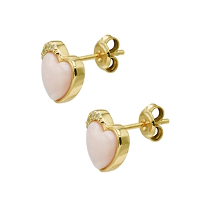 Elegant 14K gold plated S925 silver heart stud earrings with pink shell and zircon accents