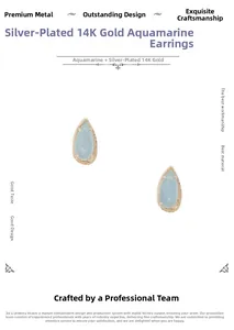Detalle de pendientes de aguamarina en forma de gota en plata bañada en oro de 14K