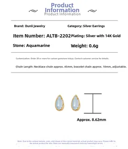 Pendientes de plata S925 bañados en oro 14k con aguamarina en gota y detalle de 8,62 mm
