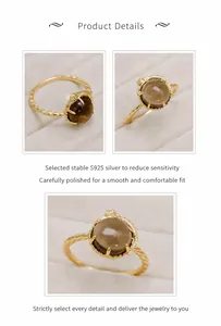 Detalle del anillo de plata S925 bañado en oro de 14k con cuarzo ahumado y gato