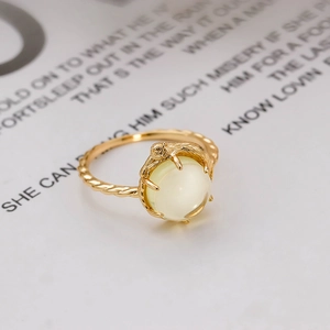 Anello in argento S925 placcato oro 14k con quarzo limone e design a testa di gatto