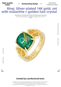Macro view of 14K gold plated silver ring with malachite and rutilated quartz