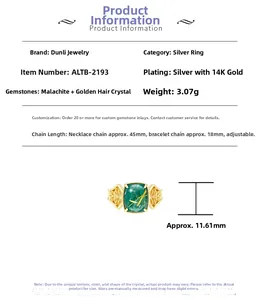 Detailed view of S925 silver ring with malachite and rutilated quartz with dimensions