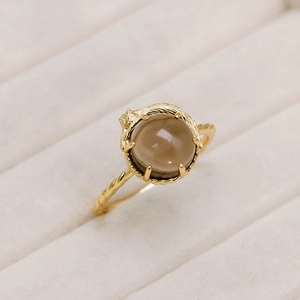 Anillo gato vintage de plata S925 y oro 14k con cuarzo ahumado y banda trenzada