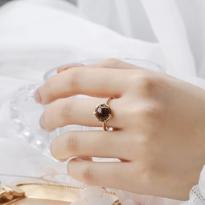 Anillo de gato en cuarzo ahumado bañado en oro de 14k sobre plata S925 vintage