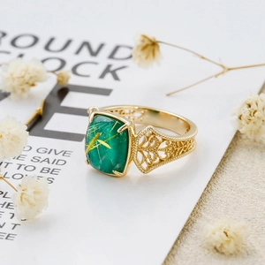 Vintage S925 silver ring with rutilated green malachite in ornate gold filigree setting