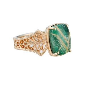 Vintage S925 silver lace ring with rectangular rutilated malachite stone in gold finish