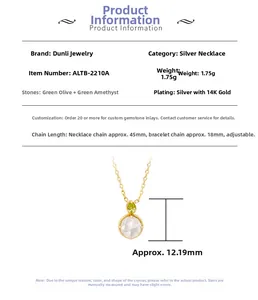 Detailansicht der S925 Silber 14k Goldkette mit grünem Peridot und Amethyststeinen