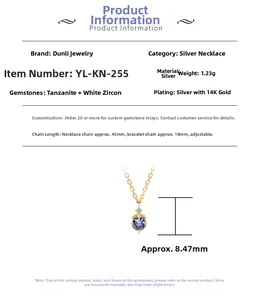 Tableau détaillé du collier pendentif tanzanite en argent S925 avec placage en or 14 carats