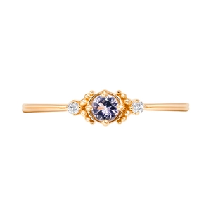 Minimalist S925 silver ring with round purple tanzanite and side diamonds in gold finish