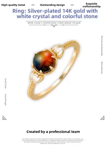 Détail de la bague en argent S925 doré 14K avec labradorite colorée et cristaux blancs