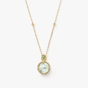 S925 Silber 14k Goldkette mit zwei grünen Amethyst-Anhängern und Perlenverzierung