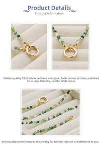 Detailed close-up of S925 sterling silver gold-plated clasp and green agate beads