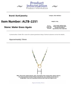 Detailed size specifications and material chart for moss agate 14K gold plated necklace