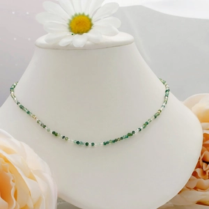 Vintage S925 silver 14K gold plated moss agate beaded necklace for women on neck model