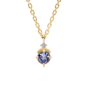 Élégant collier pendentif tanzanite en argent S925 avec pierre violette et chaîne dorée