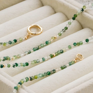 Vintage S925 sterling silver plated 14K gold moss agate beaded necklace for women