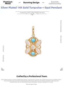 Detalle del colgante de plata S925 chapado en oro de 14K con turquesa y ópalo diseño calado