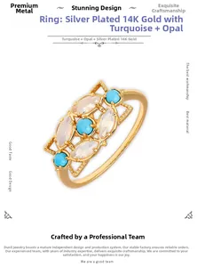 Détails de la bague en argent S925 ornée de pierres turquoise et opale