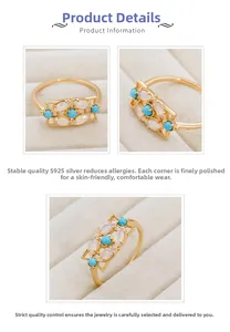 Détail macro d'une bague vintage en argent S925 avec turquoise et opale finition dorée
