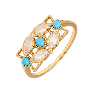 Bague Vintage en Argent Sterling S925 Plaqué Or 14K Avec Turquoise Et Opale Bague Géométrique Ajourée Fleur Femme Bijoux