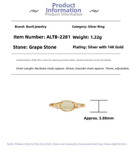 Detail view of S925 silver 14K gold plated ring with prehnite stone and dimensions