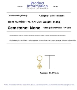 Dimensioni dettagliate del ciondolo in argento S925 placcato oro 14K con specifiche