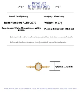 Detailed spec of S925 silver 14K gold ring with moonstone and white zircon stones