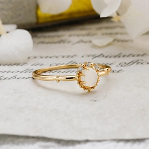 Vintage S925 silver 14K gold plated ring with oval moonstone and white zirconia accents