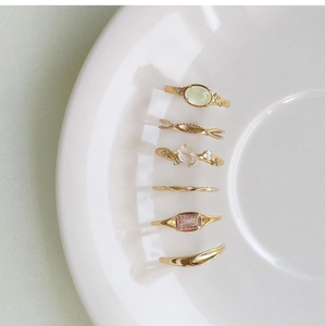 French vintage style S925 silver 14K gold plated rings set with green and pink gemstones