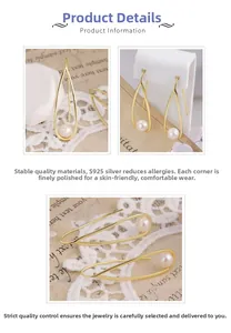 Detail of S925 silver teardrop pearl earrings with 14K gold plating and ear hook design