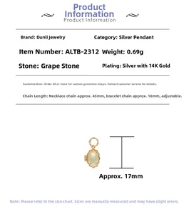 S925 silver 14k gold plated pendant featuring green prehnite stone with product dimensions