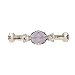 Elegant 14k gold plated silver ring with oval iolite and blue corundum accents
