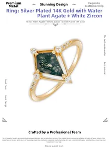 Vue macro de la bague en agate mousse en forme de cerf-volant en argent S925 doré 14K