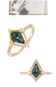 Vues macro d'une bague en argent plaqué or 14K avec agate mousse taille cerf-volant et zircons
