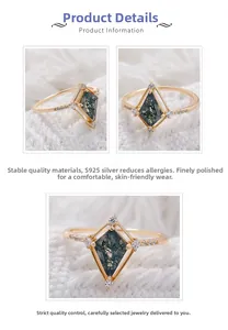 Vue macro détaillée de la bague en agate mousse en argent S925 plaqué or chic