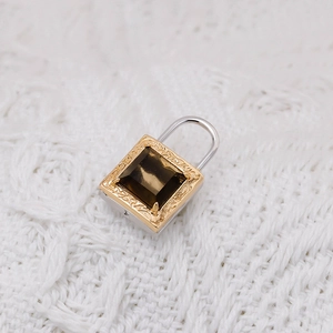 French vintage S925 silver lock pendant with brown citrine and 14K gold relief