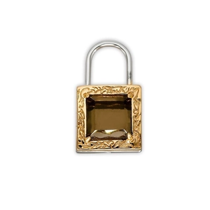 French vintage S925 silver 14K gold plated smoky quartz lock pendant with floral engraving