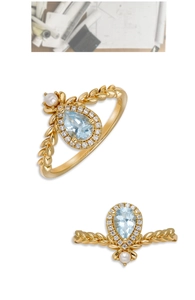 Detail of S925 silver ring with blue topaz, small pearl and wheat-shaped band texture