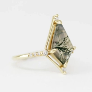 Bague agate mousse taille cerf-volant en argent S925 plaqué or 14K et petits diamants