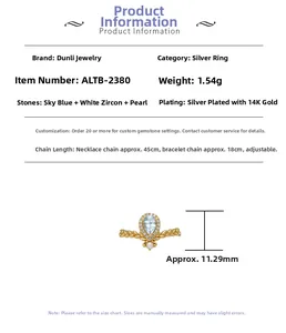 Detailed specs of 14K gold-plated silver ring with blue topaz, zircon and pearl