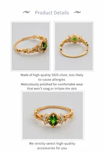Macro view of vintage S925 silver gold ring with green chrome diopside and S925 stamp