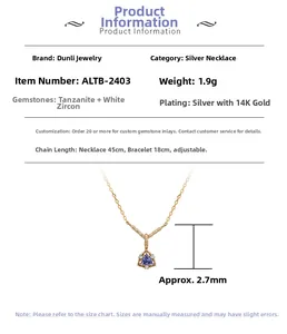 Dettaglio della collana in argento S925 placcato oro 14K con tanzanite blu e zirconi