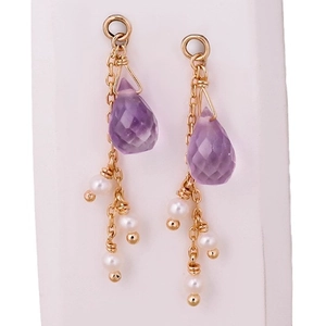 Orecchini vintage francesi S925 argento oro 14K ametista con perle bianche e catena d'oro