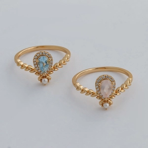 Elegant 14k gold plated S925 silver rings with blue topaz, pink quartz and pearl